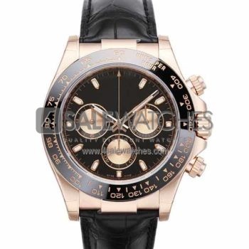 SWISS DAYTONA STYLE LEATHER ROSE GOLD BLACK CERAMIC 40MM